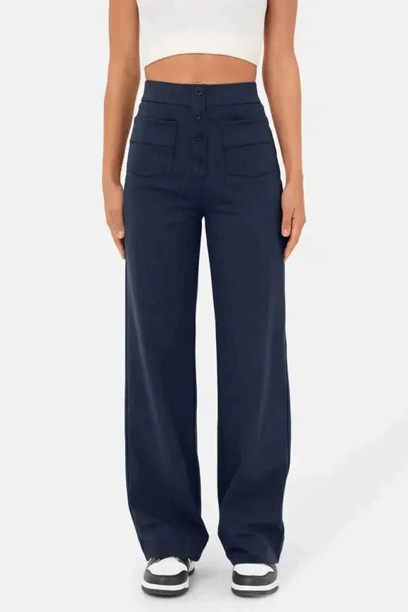 High-Waisted Wide-Leg Trousers with Button Detail in Soft Stretch Fabric | Women's Casual Elegance Everyday Relaxed Fit Statement Bottoms | Koossa