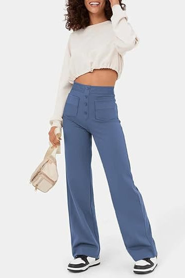 High-Waisted Wide-Leg Trousers with Button Detail in Soft Stretch Fabric | Women's Casual Elegance Everyday Relaxed Fit Statement Bottoms | Koossa