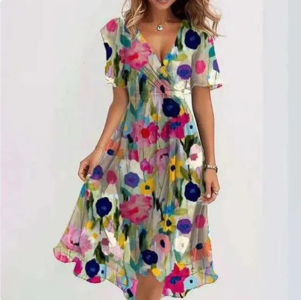 Women's V-Neck Short Sleeve Dress in Soft Breathable Fabric – Elegant Summer Dress for Warm Days, Garden Parties & Holidays | Koossa