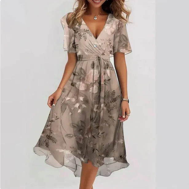 Women's V-Neck Short Sleeve Dress in Soft Breathable Fabric – Elegant Summer Dress for Warm Days, Garden Parties & Holidays | Koossa