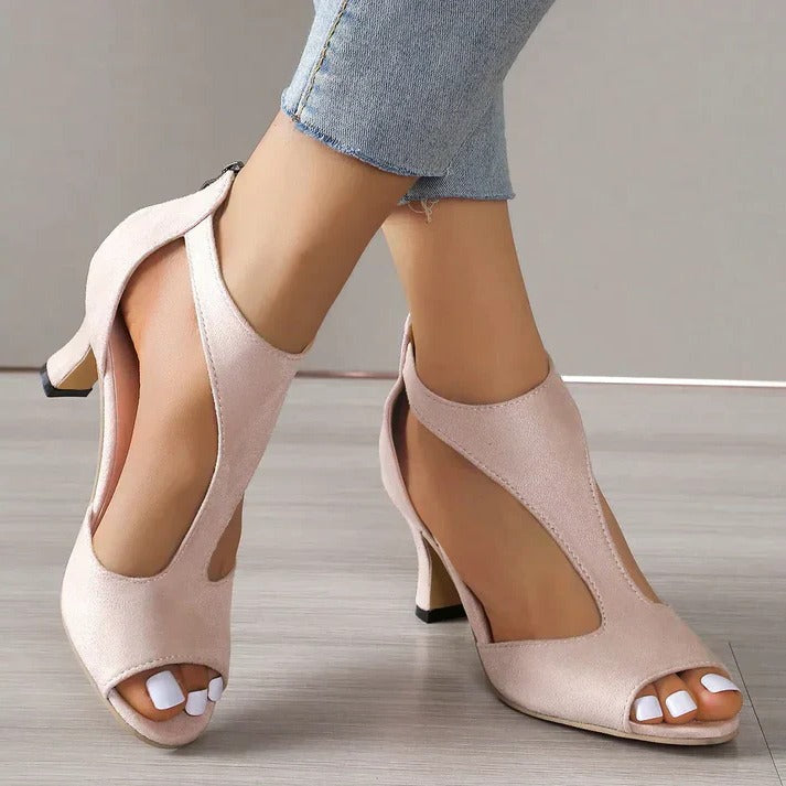 Peep Toe Mid Heel Sandals with Ankle Strap in Black and Pink – Elegant Occasion Footwear for Weddings and Evening Events | Koossa
