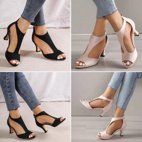 Peep Toe Mid Heel Sandals with Ankle Strap in Black and Pink – Elegant Occasion Footwear for Weddings and Evening Events | Koossa