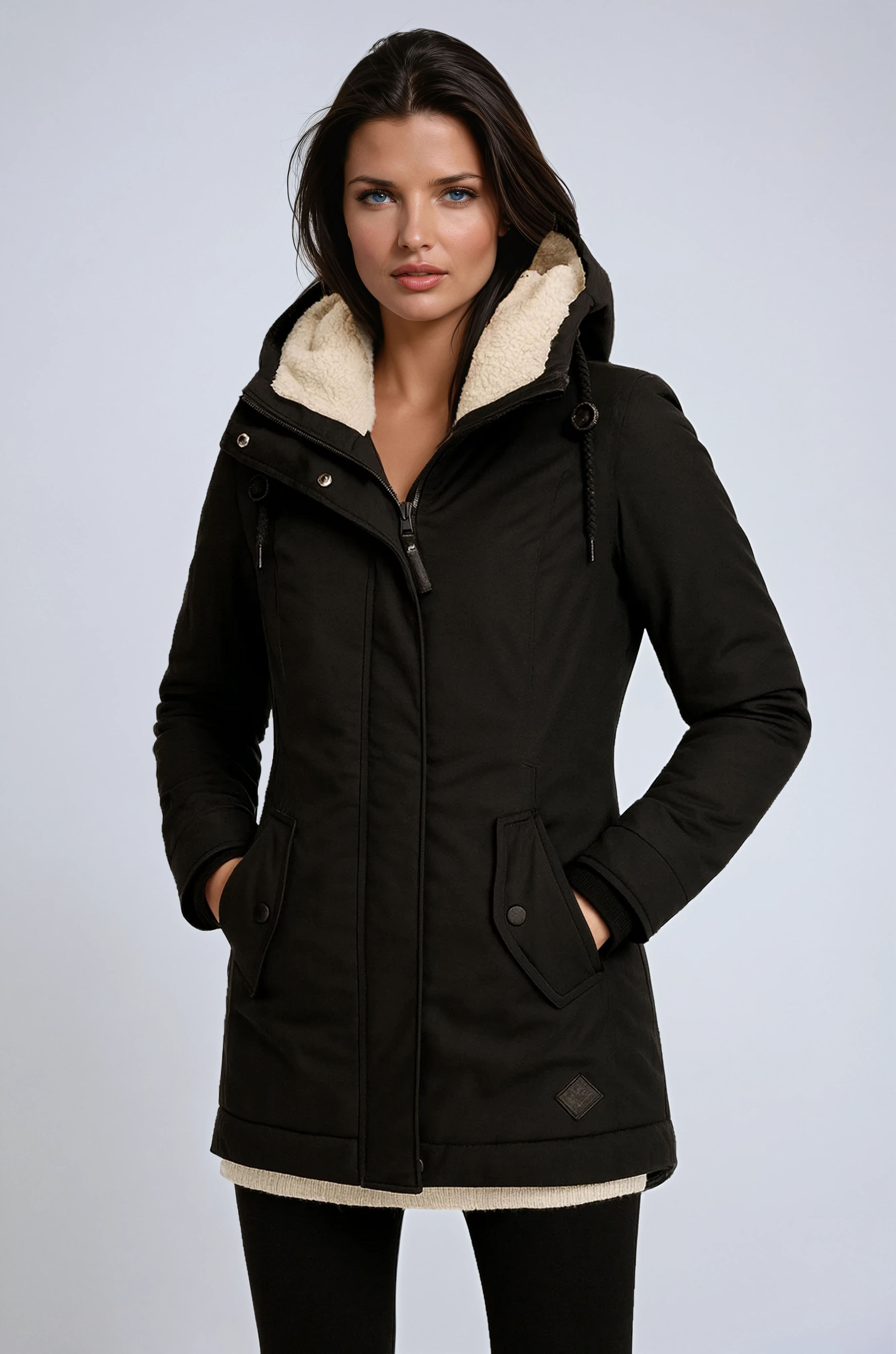 Quilted Parka Coat with Fleece-Lined Hood in Black, Wine Red, Green, Grey, Blue, Caramel | Warm Winter Outerwear for Women | Koossa