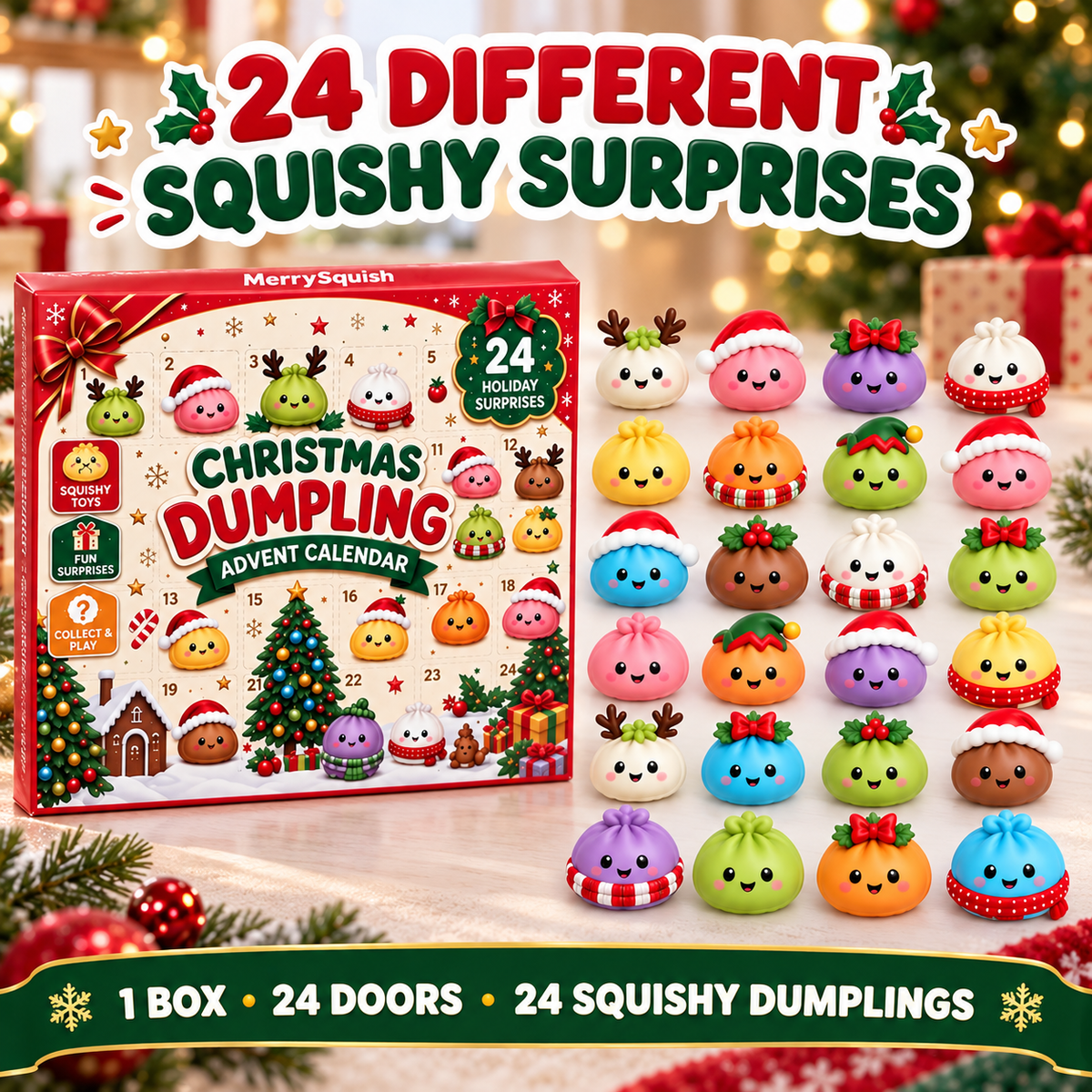 Advent Calendar with 24 Squishy Dumpling Figures, Christmas Countdown Toy for Kids, Kawaii Holiday Gift Set Ages 6 and Up | Lonoma