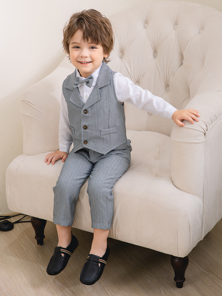 Boys' Three-Piece Formal Suit Set with Shirt, Waistcoat, Trousers and Bow Tie for Special Occasions | Koossa