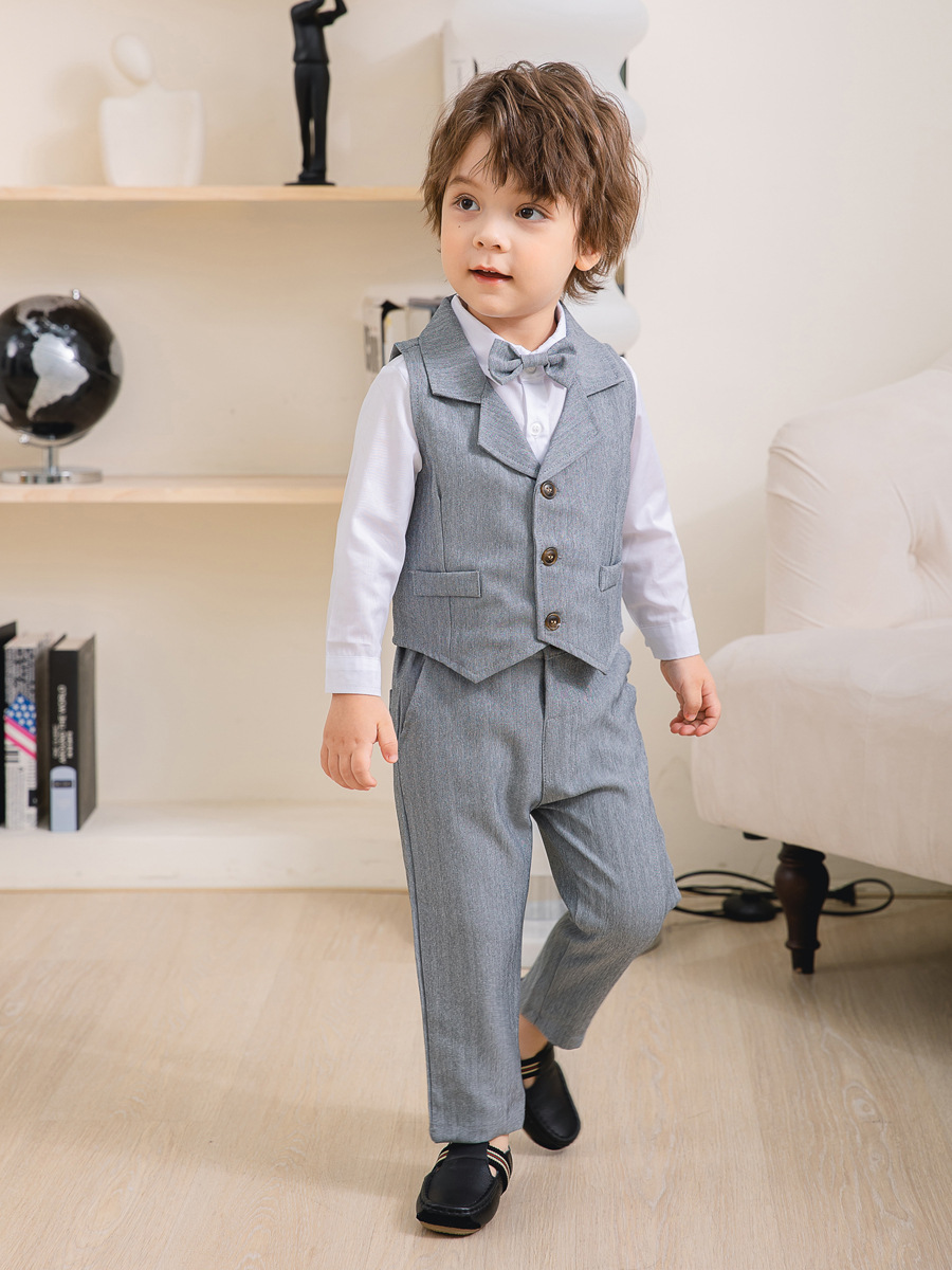 Boys' Three-Piece Formal Suit Set with Shirt, Waistcoat, Trousers and Bow Tie for Special Occasions | Koossa