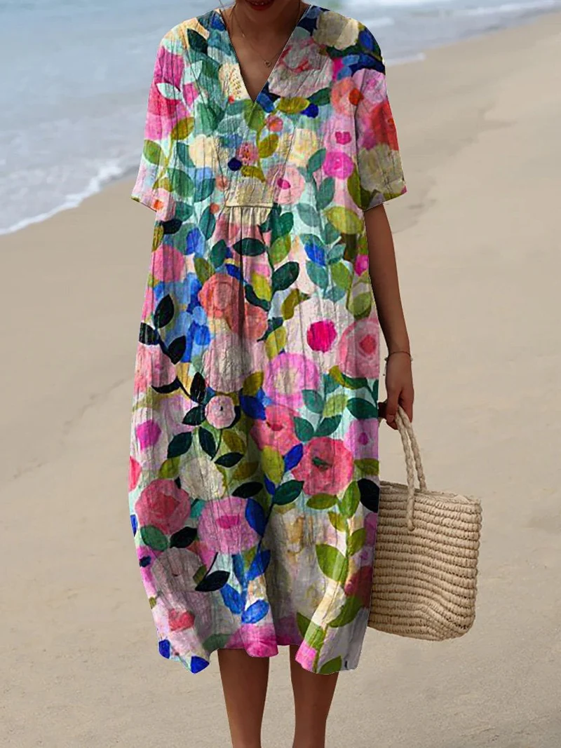 Women's Floral Print Summer Midi Dress — Elegant Day Dress for Warm Weather & Garden Parties | Koossa