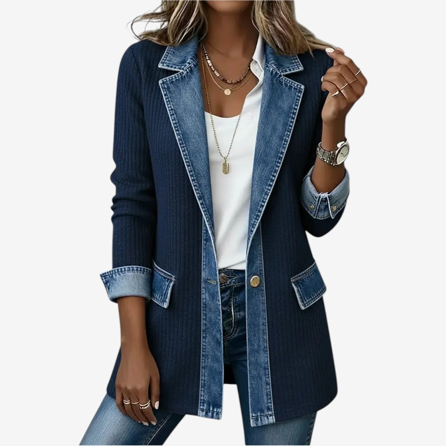 Women's Textured Layered Jacket in Mixed Knit and Denim-Style Fabric – Relaxed Fit Open Front Cardigan for Effortless Everyday Elegance and Modern Casual Styling | Koossa