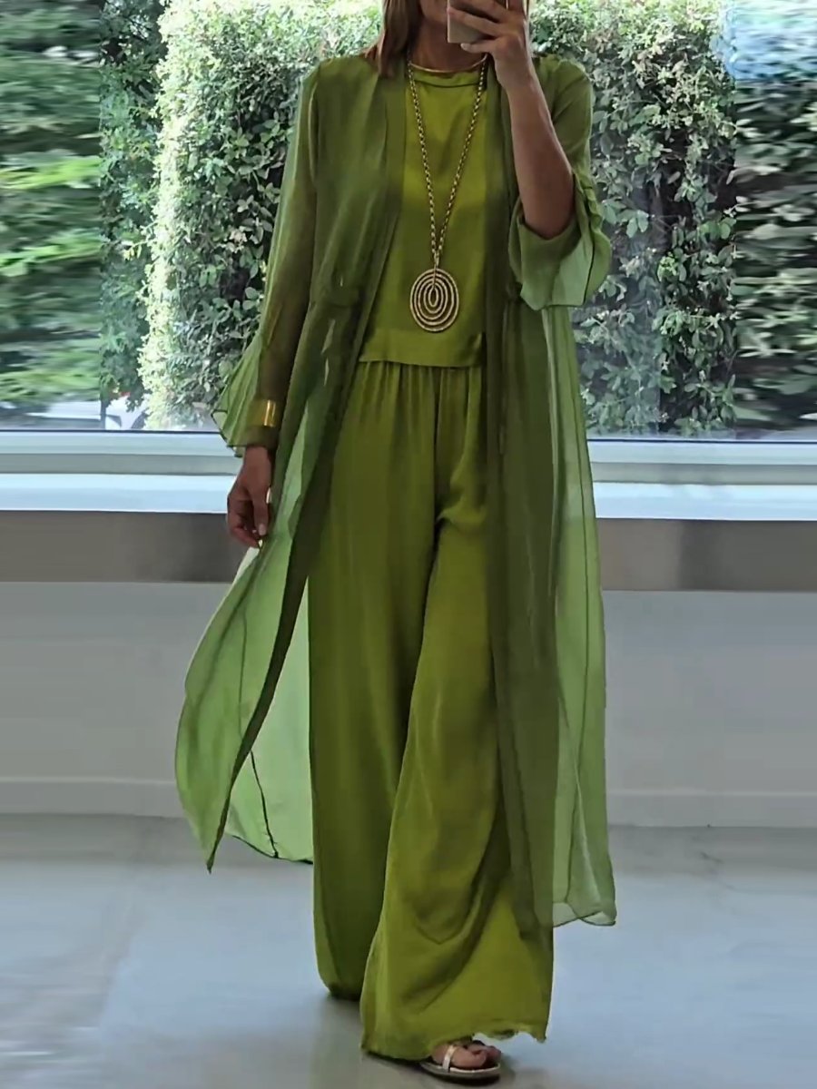 Women's Three-Piece Co-ord Set in Green with Wide-Leg Trousers, Sleeveless Top and Longline Cardigan for Casual Elegance and Relaxed Comfort | Koossa