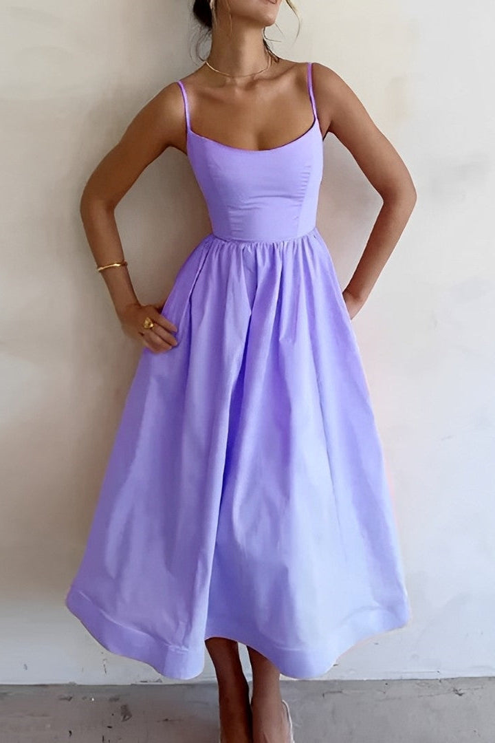 Fitted Spaghetti Strap Midi Dress with Flared Skirt in White, Lilac & Pink | Koossa
