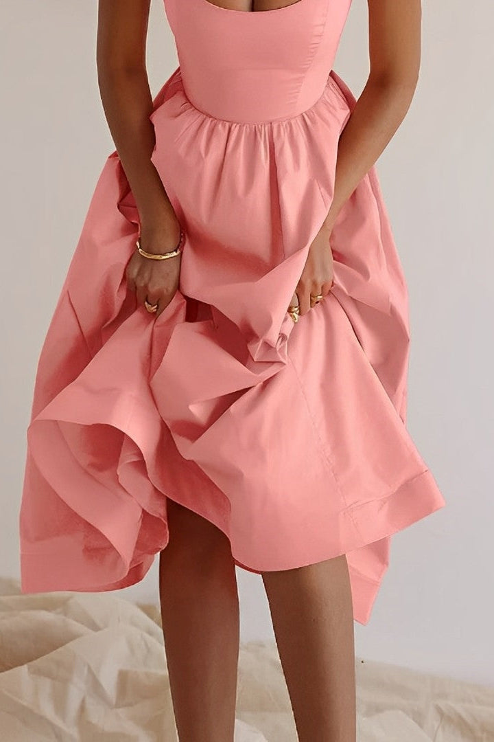 Fitted Spaghetti Strap Midi Dress with Flared Skirt in White, Lilac & Pink | Koossa