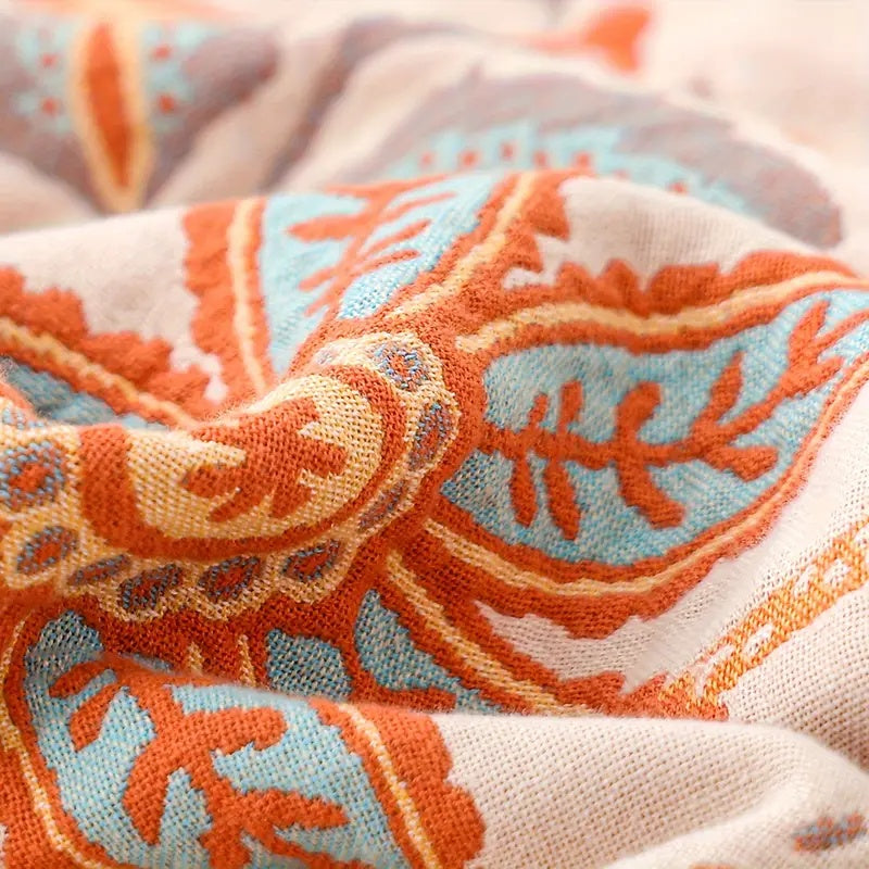 Plaid en Coton à Motifs Floraux Bohème – Crème, Orange et Bleu avec Franges – Pour Canapé, Lit et Fauteuil | Koossa