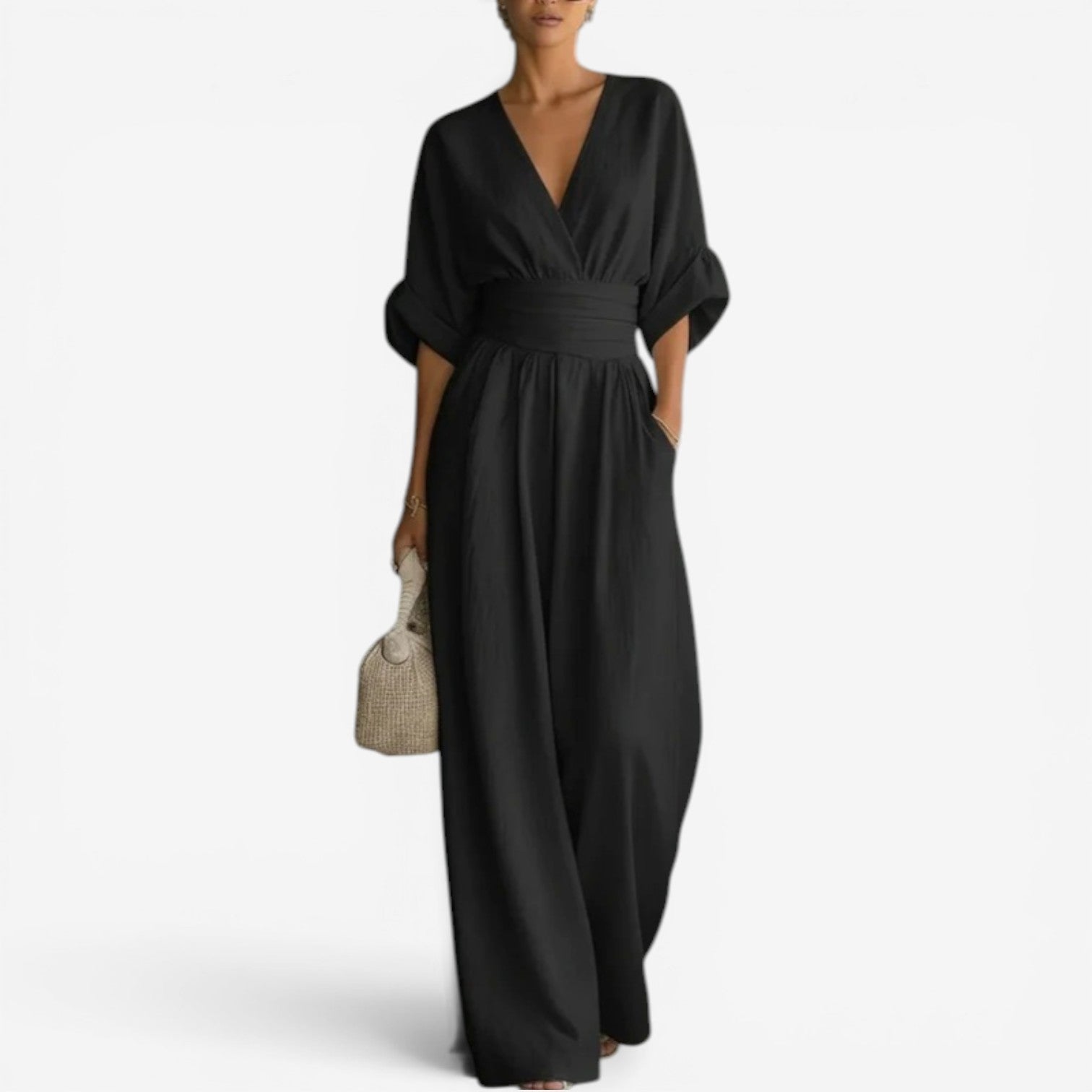Women's Wide Leg Jumpsuit with Flowing Sleeves and Cinched Waist in Light Blue, Black, Claret, White, Yellow – Elegant One-Piece for Brunch, Holidays, Casual Gatherings | Koossa
