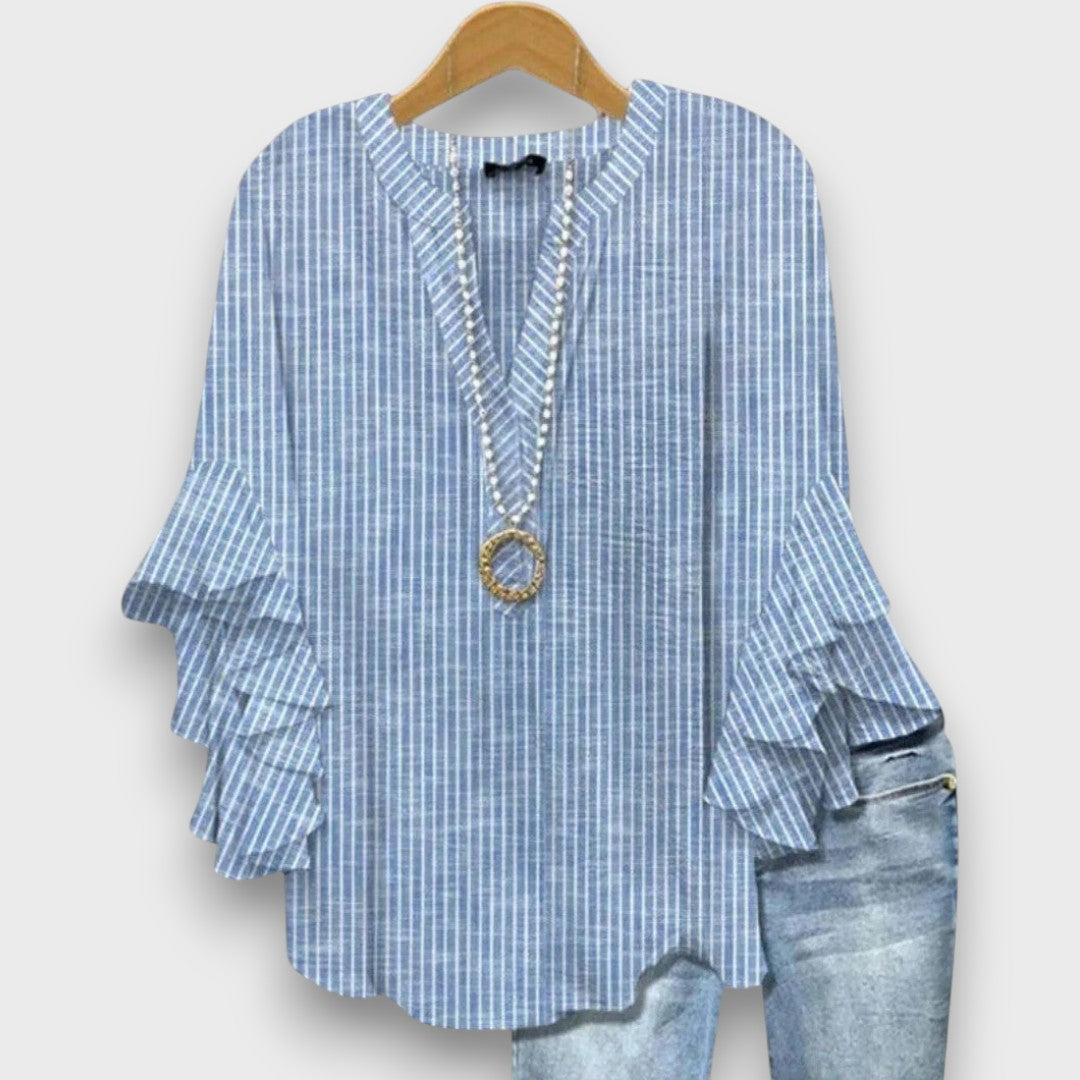 Women's Floral Print V-Neck Blouse with Ruffle Sleeves — Elegant Blue Flower Print Day Blouse for Work & Weekends | Koossa