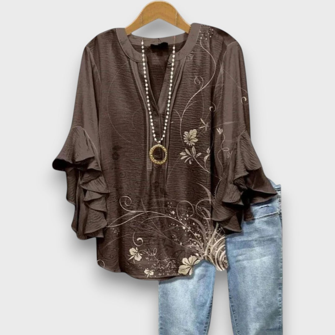 Women's Floral Print V-Neck Blouse with Ruffle Sleeves — Elegant Blue Flower Print Day Blouse for Work & Weekends | Koossa