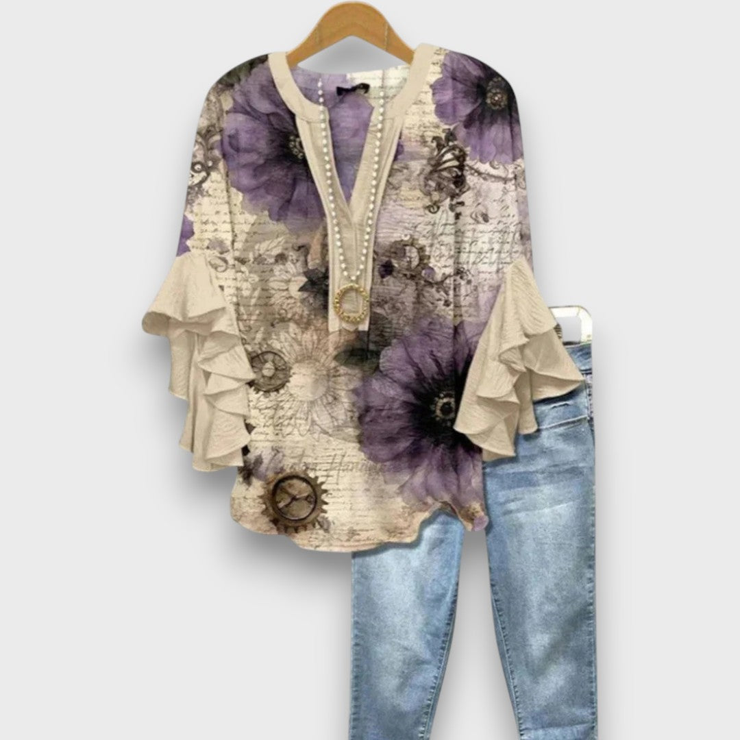 Women's Floral Print V-Neck Blouse with Ruffle Sleeves — Elegant Blue Flower Print Day Blouse for Work & Weekends | Koossa