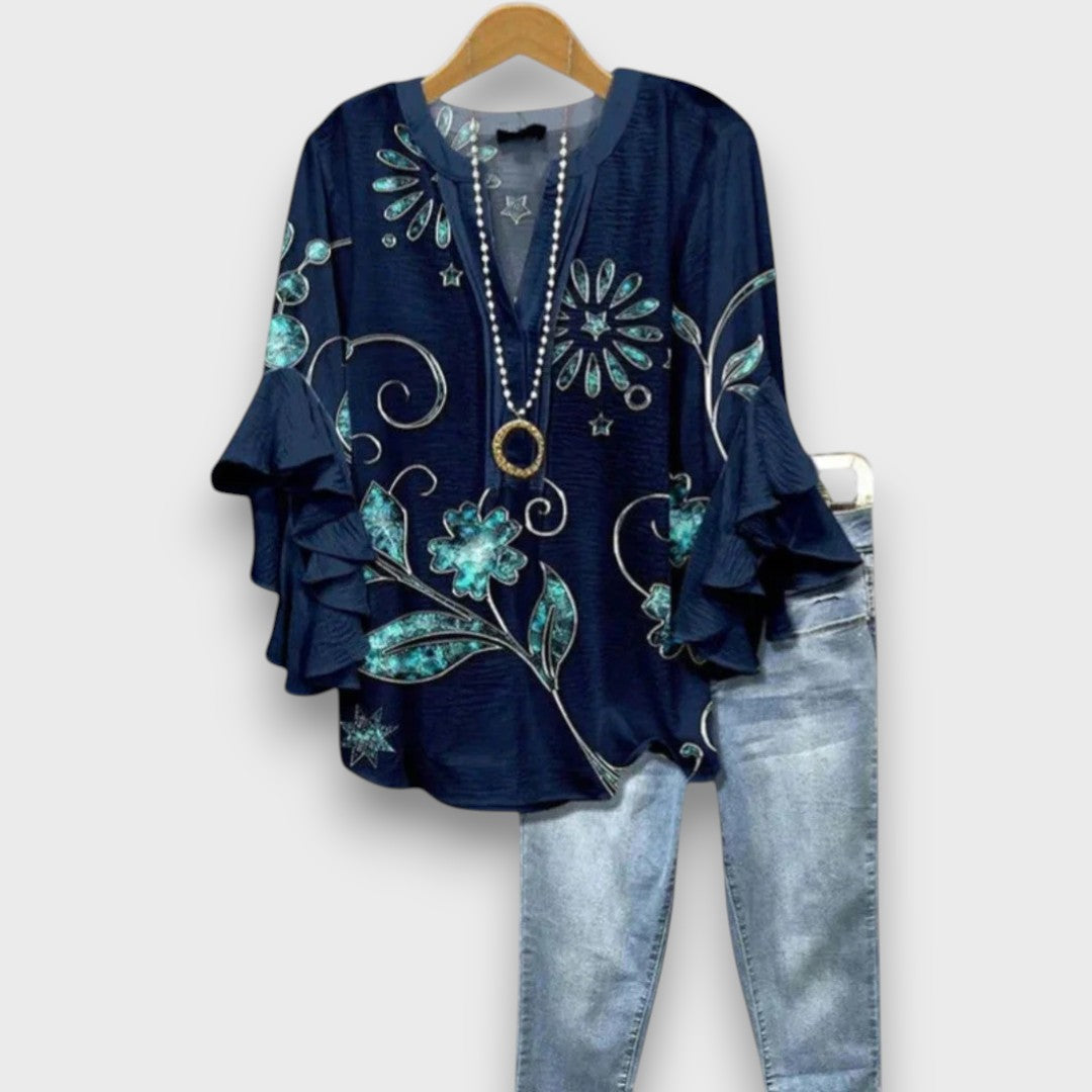 Women's Floral Print V-Neck Blouse with Ruffle Sleeves — Elegant Blue Flower Print Day Blouse for Work & Weekends | Koossa
