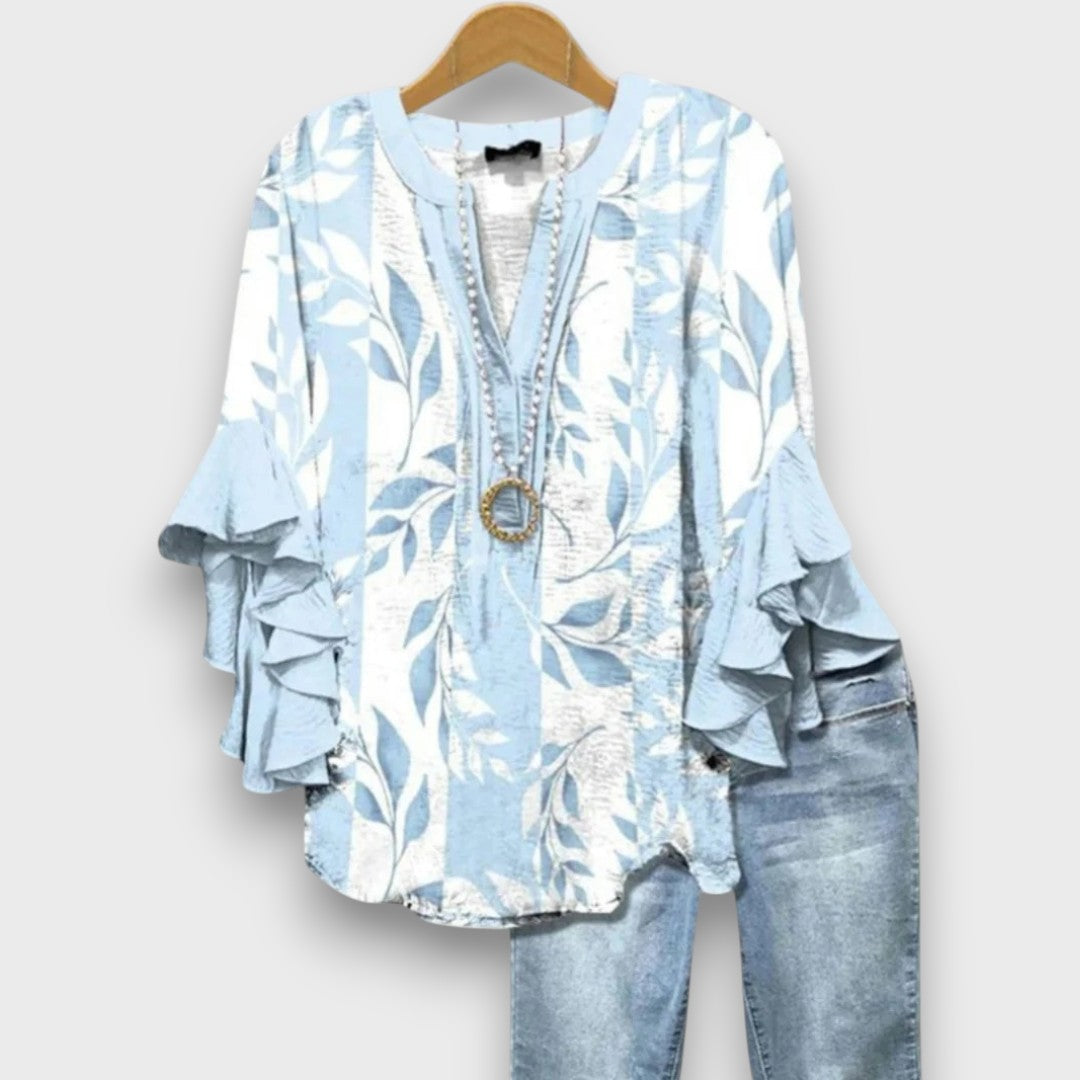 Women's Floral Print V-Neck Blouse with Ruffle Sleeves — Elegant Blue Flower Print Day Blouse for Work & Weekends | Koossa