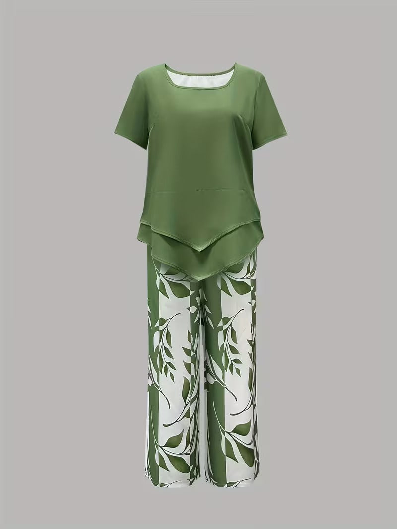 Women's Botanical Leaf Print Two-Piece Co-ord Set in Green Purple Red Sky Blue for Casual Summer Days and Relaxed Weekends | Koossa