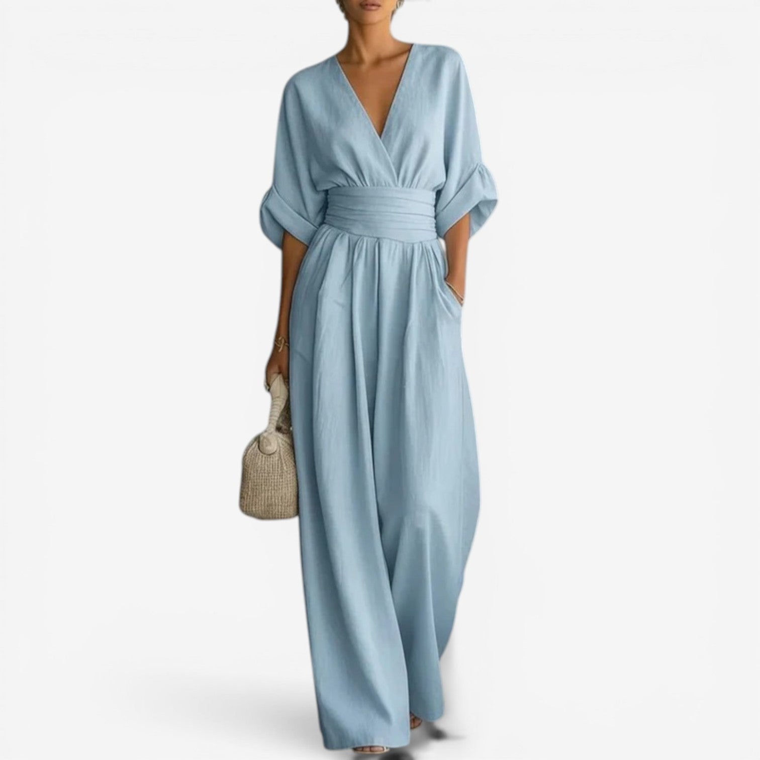 Women's Wide Leg Jumpsuit with Flowing Sleeves and Cinched Waist in Light Blue, Black, Claret, White, Yellow – Elegant One-Piece for Brunch, Holidays, Casual Gatherings | Koossa