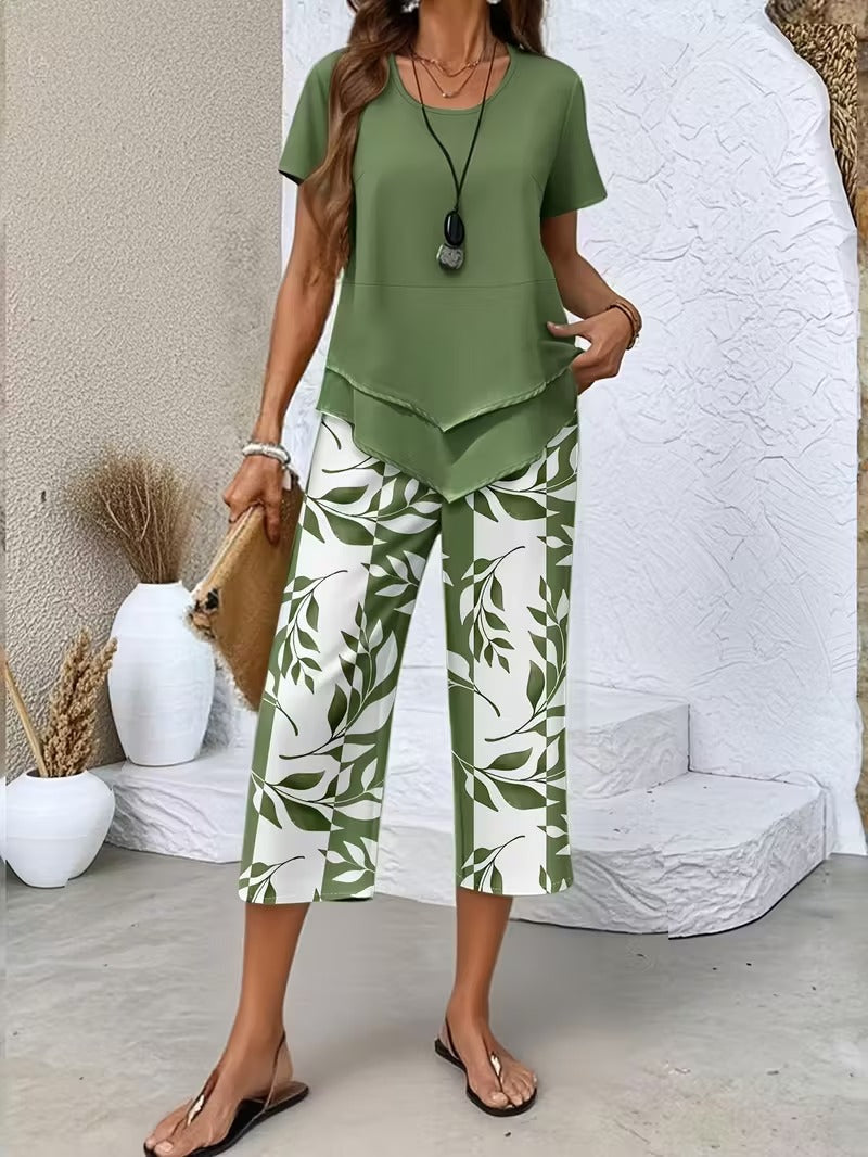 Women's Botanical Leaf Print Two-Piece Co-ord Set in Green Purple Red Sky Blue for Casual Summer Days and Relaxed Weekends | Koossa