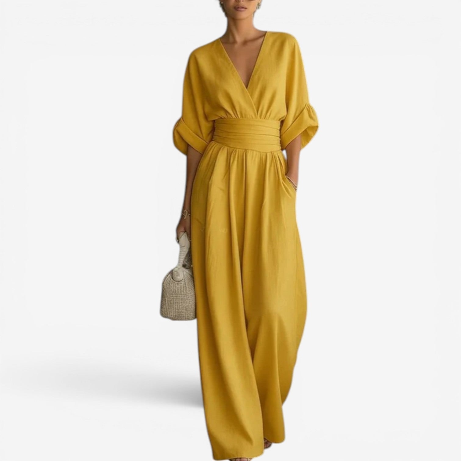 Women's Flowing Wide-Sleeve Jumpsuit with Cinched Waist in Light Blue | Tailored Leg Relaxed Fit V-Neck One-Piece Summer Outfit | Koossa