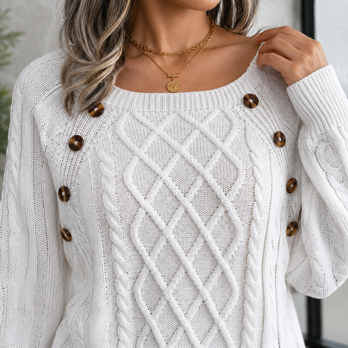 Shoulder Button Cable Knit Pullover Sweater for Women | Chunky Ribbed Crewneck Jumper Fall Winter | Classic Textured Long Sleeve Top | Lonoma