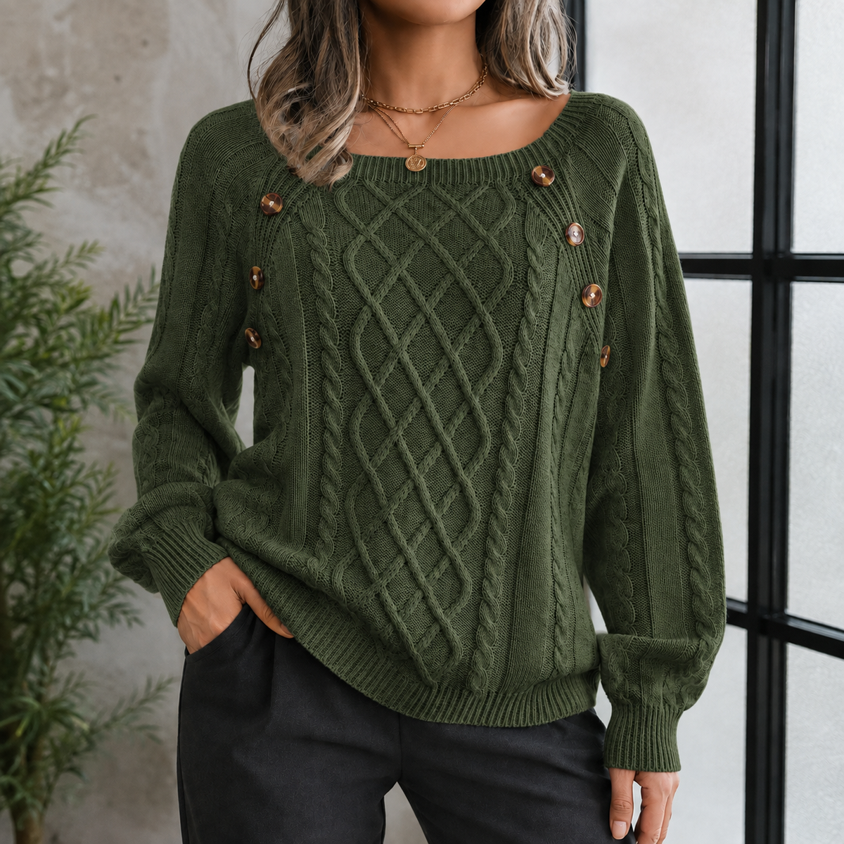 Shoulder Button Cable Knit Pullover Sweater for Women | Chunky Ribbed Crewneck Jumper Fall Winter | Classic Textured Long Sleeve Top | Lonoma