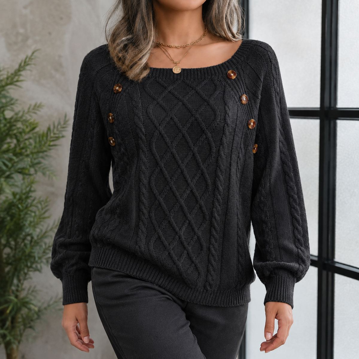 Shoulder Button Cable Knit Pullover Sweater for Women | Chunky Ribbed Crewneck Jumper Fall Winter | Classic Textured Long Sleeve Top | Lonoma