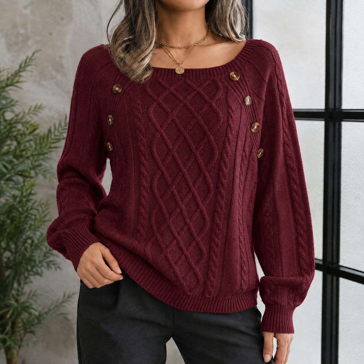 Shoulder Button Cable Knit Pullover Sweater for Women | Chunky Ribbed Crewneck Jumper Fall Winter | Classic Textured Long Sleeve Top | Lonoma