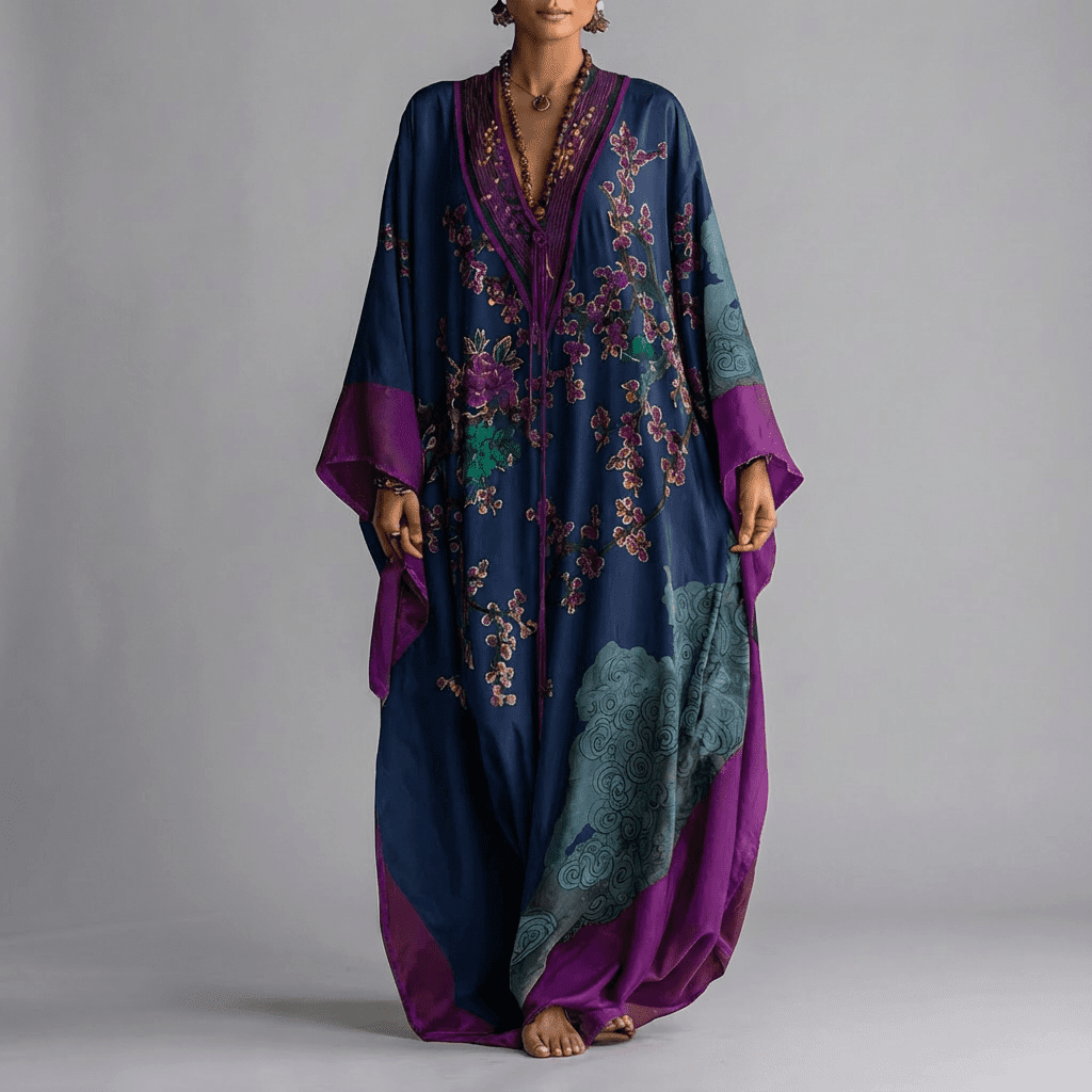 Women's Plum Blossom Print Batwing Maxi Dress with Pockets for Spring Garden Parties Beach Holidays Flowing Feminine Vintage-Inspired Silhouette | Koossa