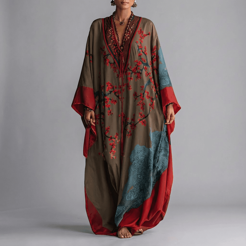 Women's Plum Blossom Print Batwing Maxi Dress with Pockets for Spring Garden Parties Beach Holidays Flowing Feminine Vintage-Inspired Silhouette | Koossa
