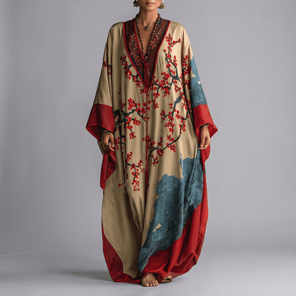 Women's Plum Blossom Print Batwing Maxi Dress with Pockets for Spring Garden Parties Beach Holidays Flowing Feminine Vintage-Inspired Silhouette | Koossa