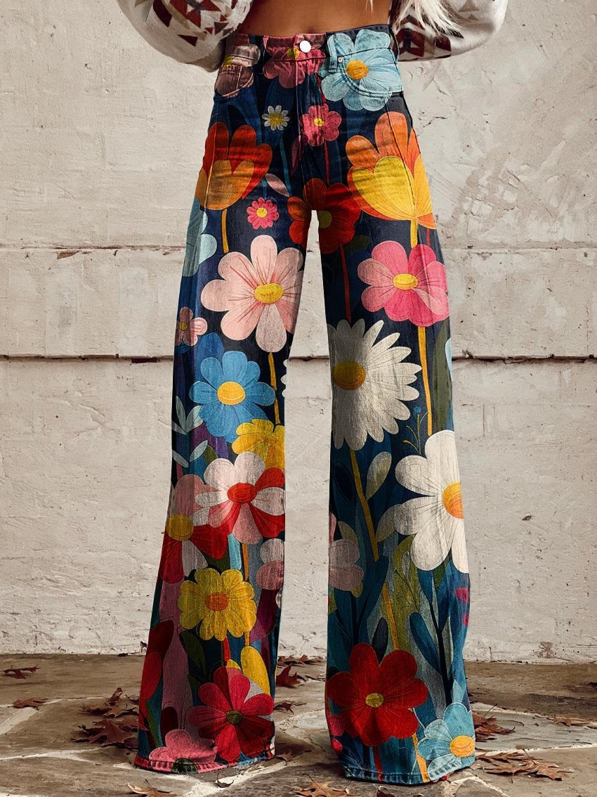 Women's Wide Leg Trousers with Floral Print — Elegant High Waisted Palazzo Trousers for Everyday & Casual Wear | Koossa