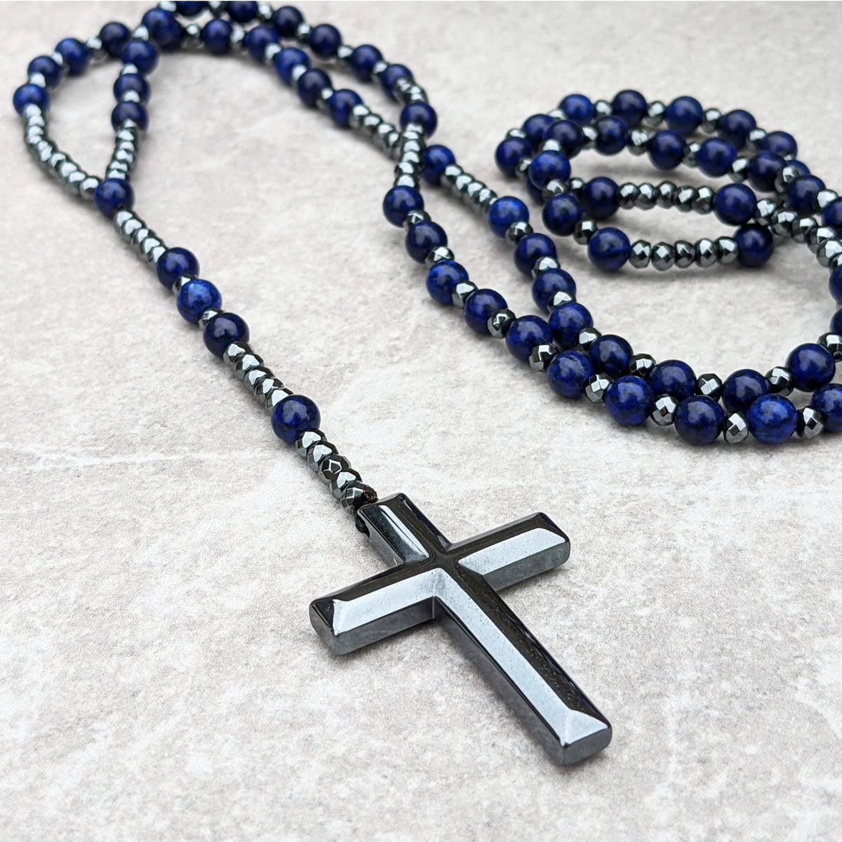 Beaded Stone Necklace for Men with Cross Pendant – Natural Gemstone Jewelry for Everyday Wear, Meditation & Mindfulness | Lonoma