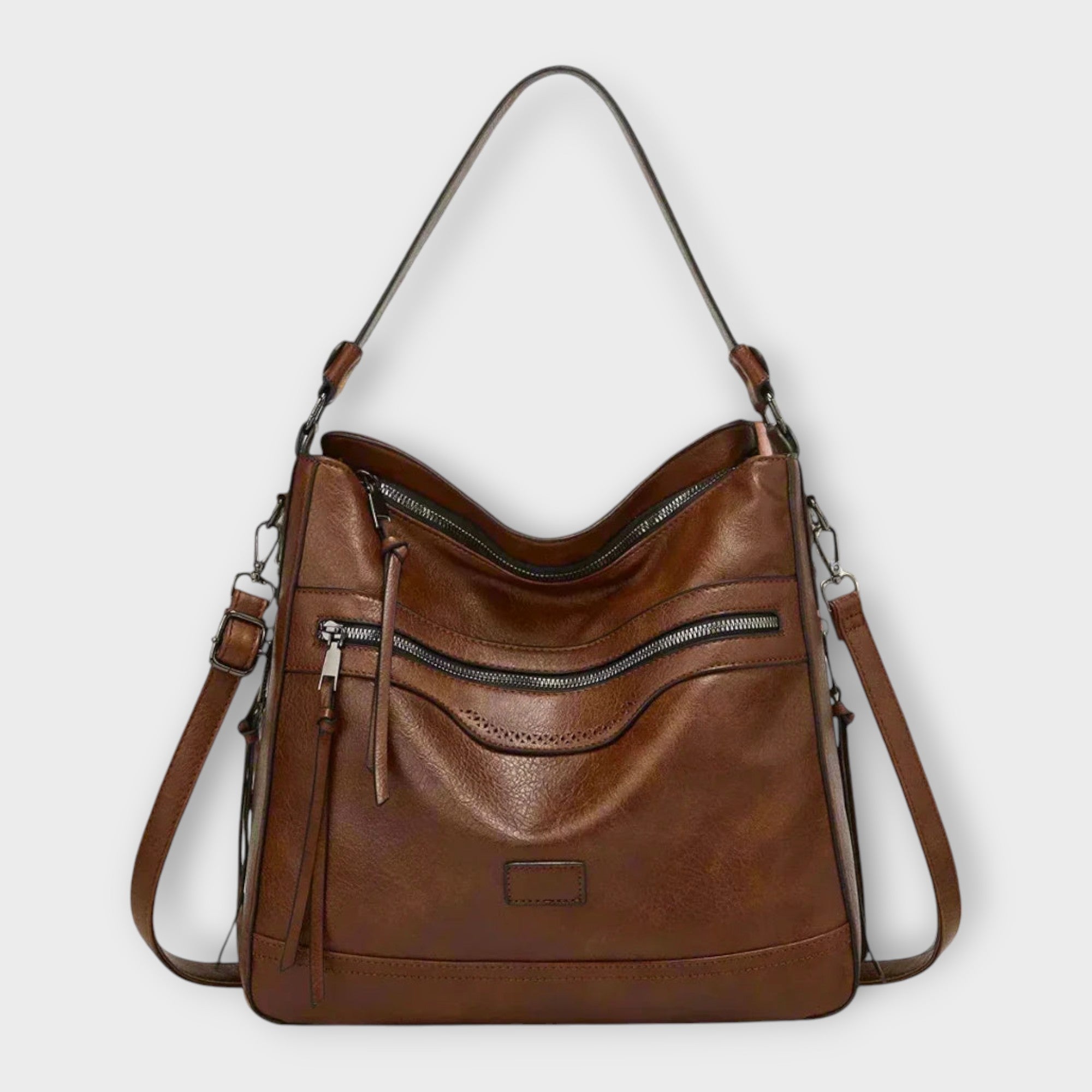Structured Shoulder Bag with Layered Zip Detail and Adjustable Strap in Black Coffee Brown Casual Everyday Handbag | Koossa