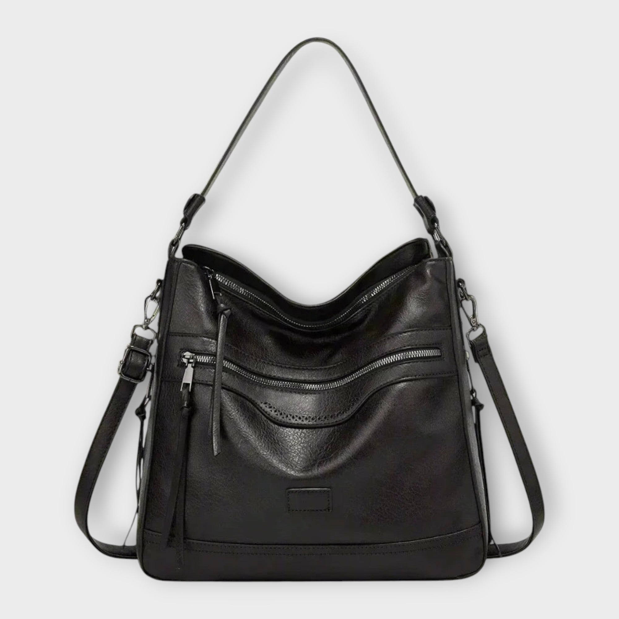 Structured Shoulder Bag with Layered Zip Detail and Adjustable Strap in Black Coffee Brown Casual Everyday Handbag | Koossa