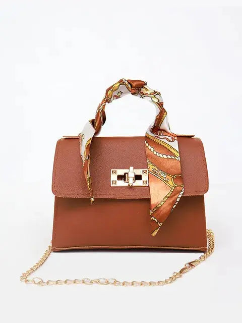 Structured Crossbody Bag with Scarf-Wrapped Handle in Premium Faux Leather — Twist-Lock Closure and Gold-Tone Hardware for Timeless Sophistication | Koossa