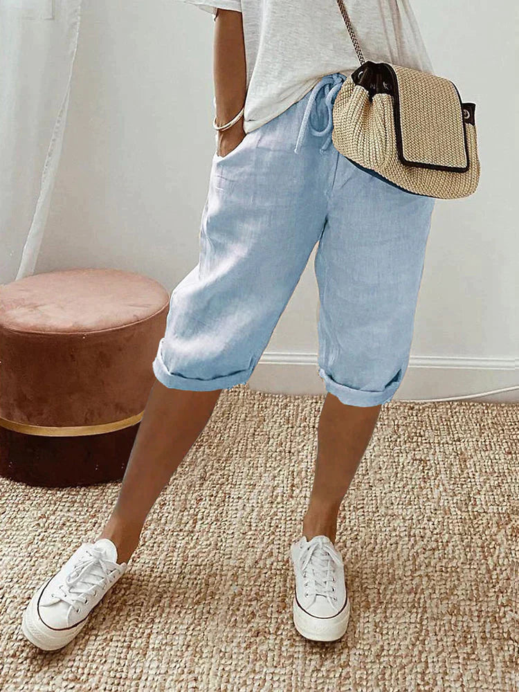 Women's Cropped Linen Trousers with Drawstring Waist in Relaxed Fit | Breathable Summer Trousers | Koossa