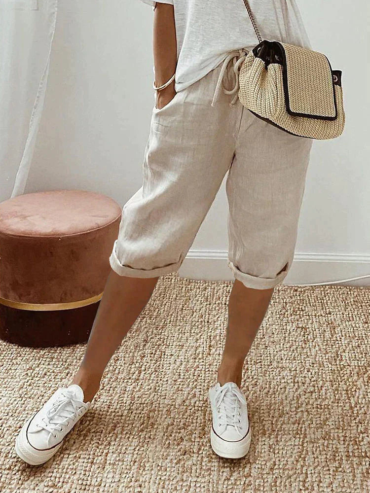 Women's Cropped Linen Trousers with Drawstring Waist in Relaxed Fit | Breathable Summer Trousers | Koossa