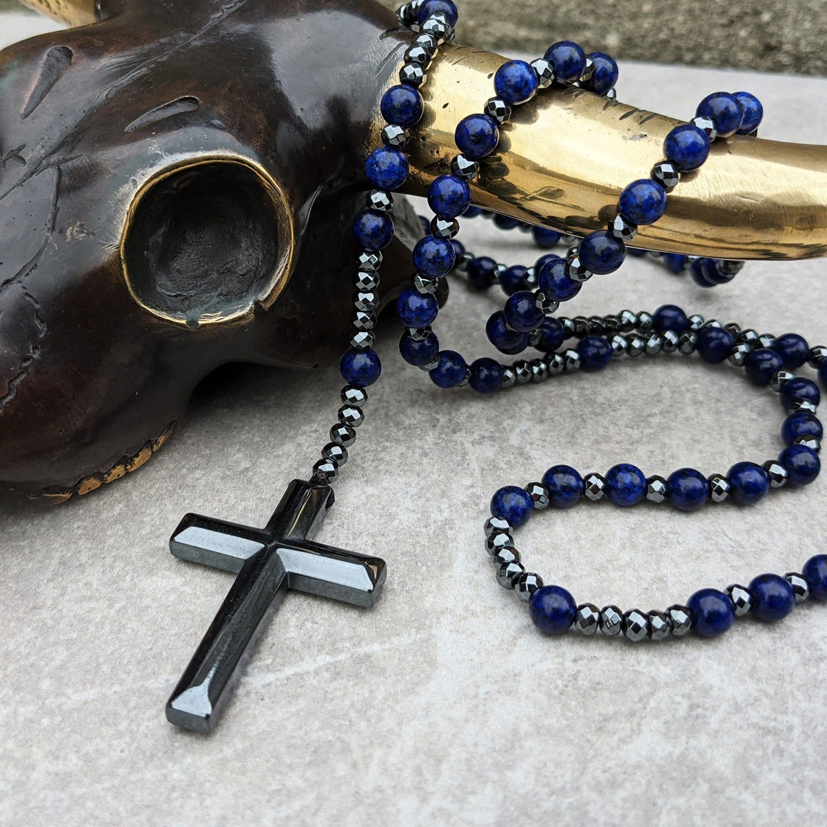 Beaded Stone Necklace for Men with Cross Pendant – Natural Gemstone Jewelry for Everyday Wear, Meditation & Mindfulness | Lonoma