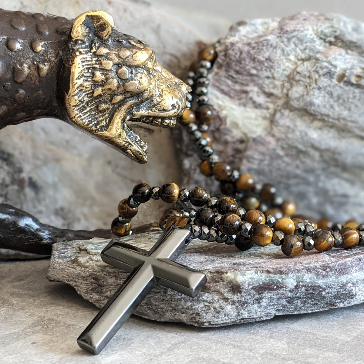 Natural Stone Rosary Necklace with Cross Pendant for Men – Tiger Eye, Lapis Lazuli, Jasper – Adjustable Length Beaded Chain | Lonoma