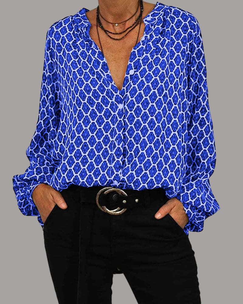 Women's V-Neck Geometric Print Blouse — Classic Long Sleeve Button-Front Shirt for Everyday & Office Wear | Koossa