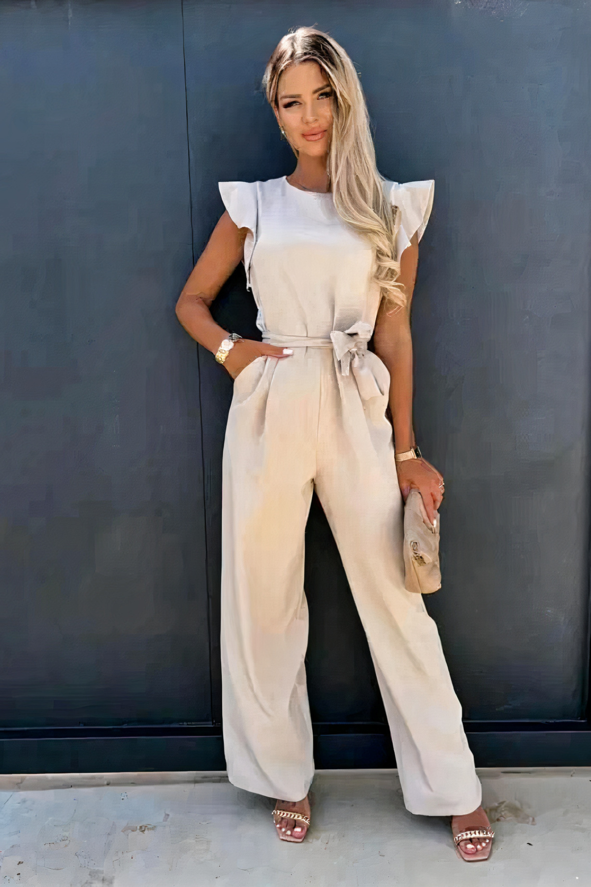 Women's Beige Relaxed-Fit Jumpsuit — Casual Summer One-Piece for Holidays & Weekend Wear | Koossa