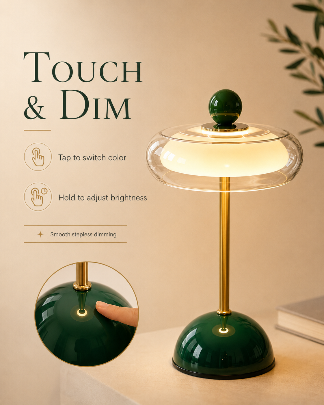 Rechargeable Glass Table Lamp Cordless LED Touch Dimmable 3 Color Temps Vintage Mid-Century Modern Desk Accent Light for Living Room Bedroom | Lonoma