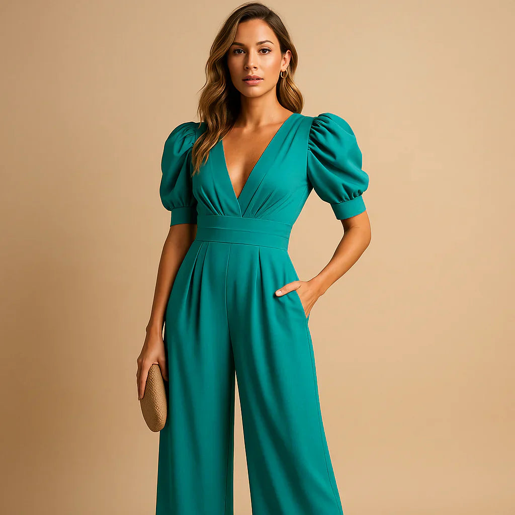 Women's Tailored Jumpsuit with Statement Puff Sleeves in Five Elegant Colours — Full-Length Formal Jumpsuit | Koossa