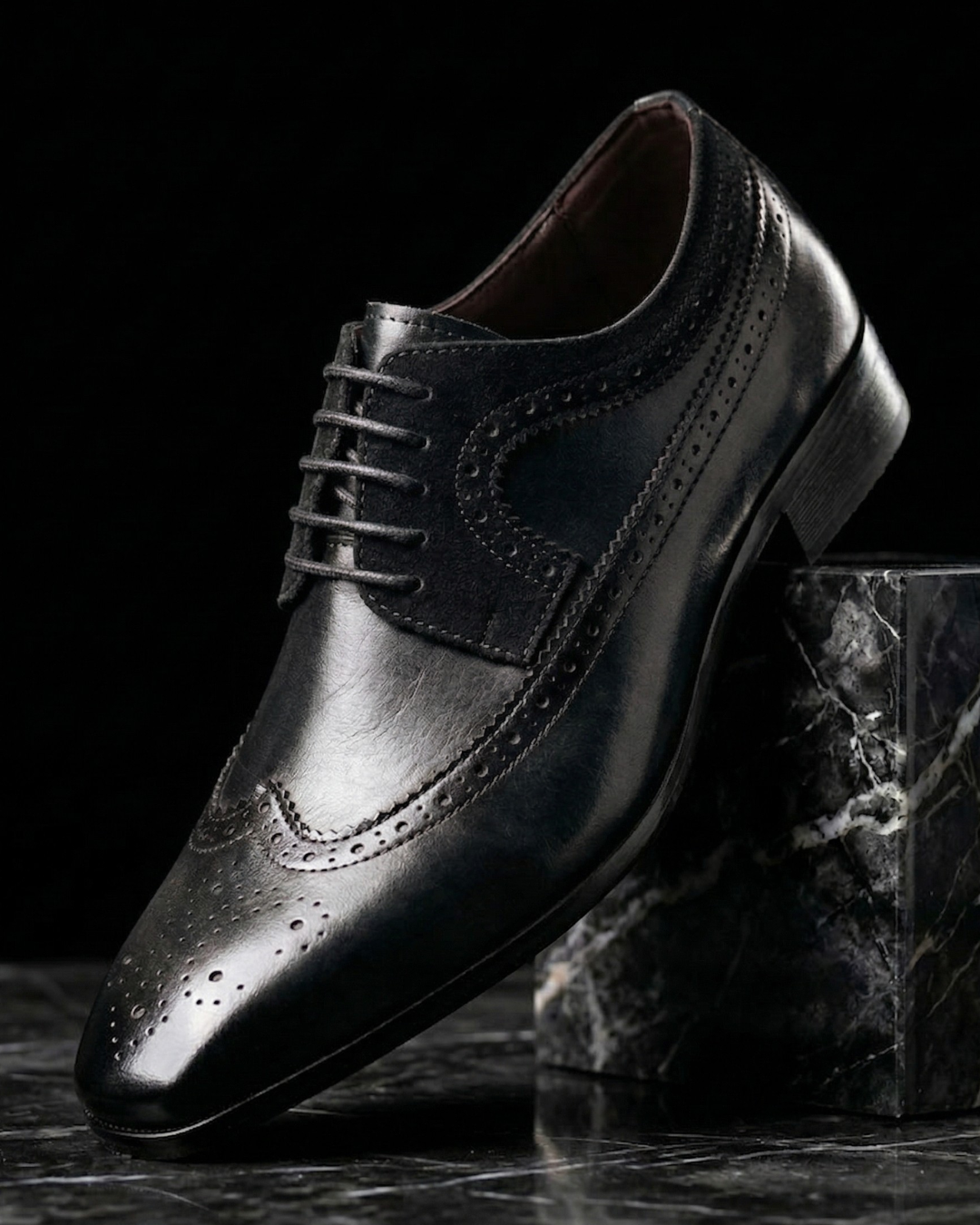 Men's Leather Derby Shoes with Wingtip Detail | Classic Lace-Up Oxford Dress Shoes | Formal Casual Business Footwear with Cushioned Insole | Lonoma