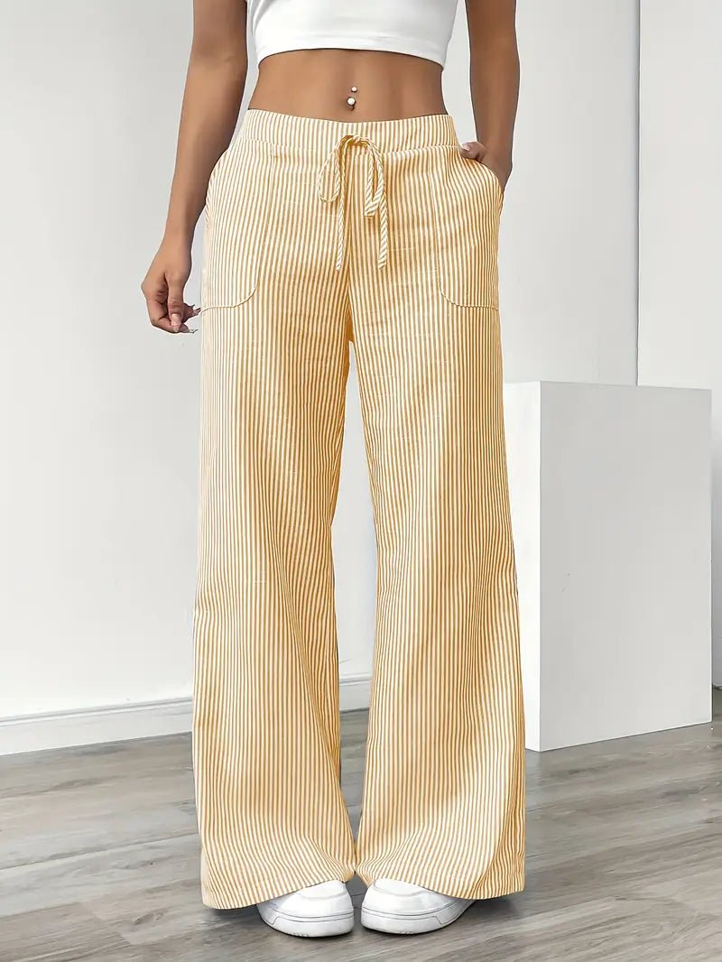 Women's Linen Wide-Leg Trousers with Vertical Stripes and Drawstring Waist | Lightweight Summer Trousers with Pockets | Koossa