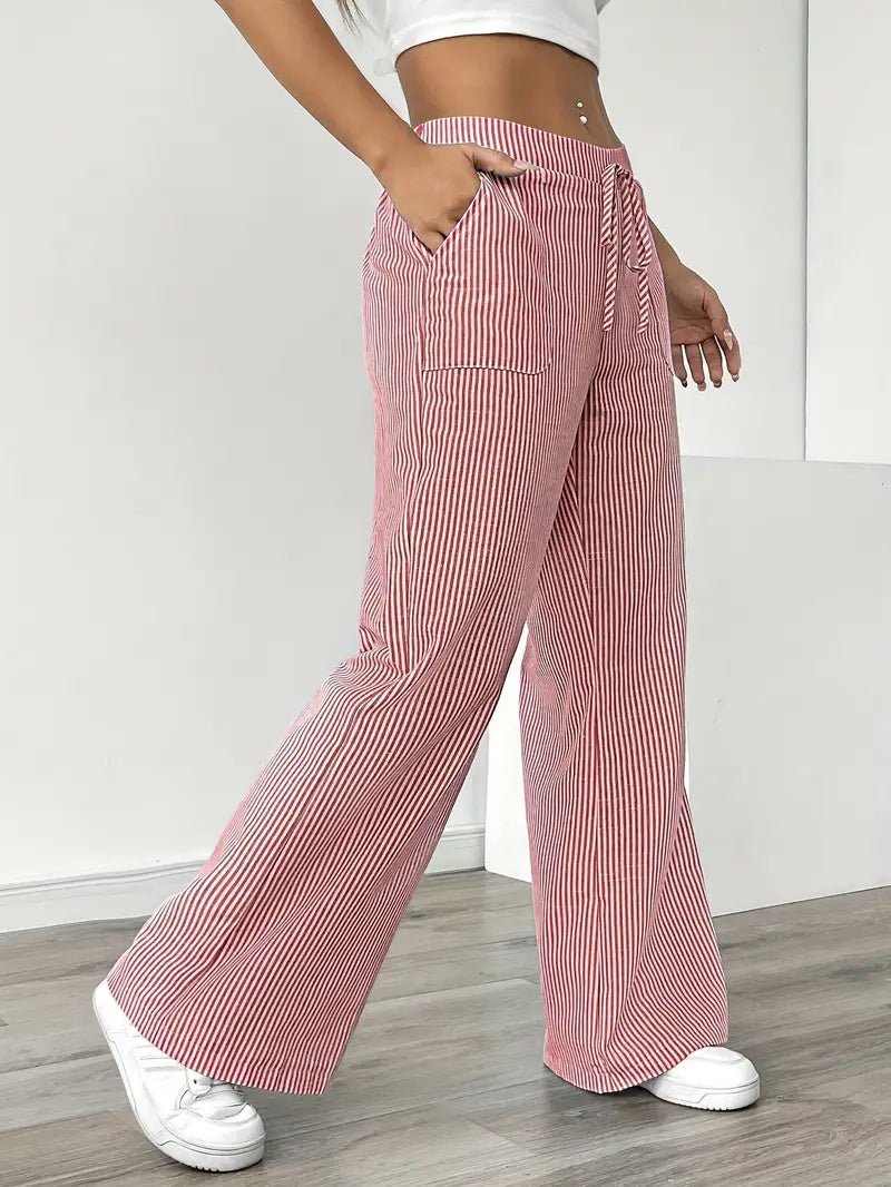 Women's Linen Wide-Leg Trousers with Vertical Stripes and Drawstring Waist | Lightweight Summer Trousers with Pockets | Koossa