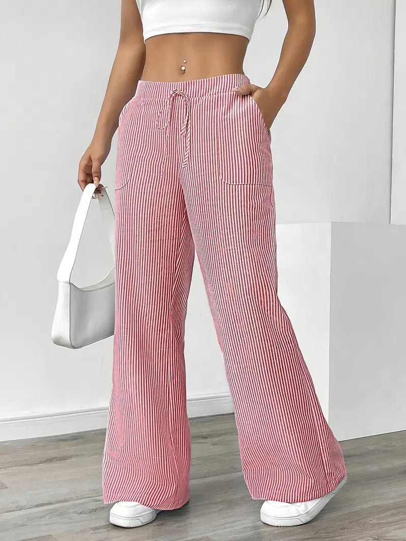 Women's Linen Wide-Leg Trousers with Vertical Stripes and Drawstring Waist | Lightweight Summer Trousers with Pockets | Koossa